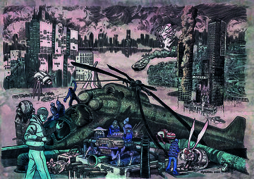 #09_3 Input von Ellen Schindler zur Neuerscheinung „METRO 010“ | Foto: 2050 Stadt der Zukunft Rotterdoom. Illustration: Edwin Hagendoorn, Graphic Novel „METRO 010“, nai010 publishers.