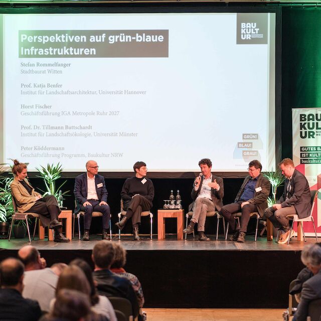 Auf dem Podium (von links) Moderatorin Louisa Schmidt, Stefan Rommelfanger, Prof. Katja Benfer, Prof. Dr. Tillmann Buttschardt, Horst Fischer und Peter Köddermann.