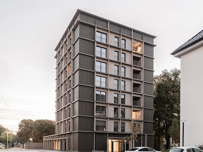 Das Projekt eines Holz-Hybrid-Wohnturms in Mainz-Kastel. Architektur: ARGE Klaus Leber Architekten BDA; LOA, Lars Otte Architektur BDA. Foto: © LOA, Lars Otte Architektur BDA