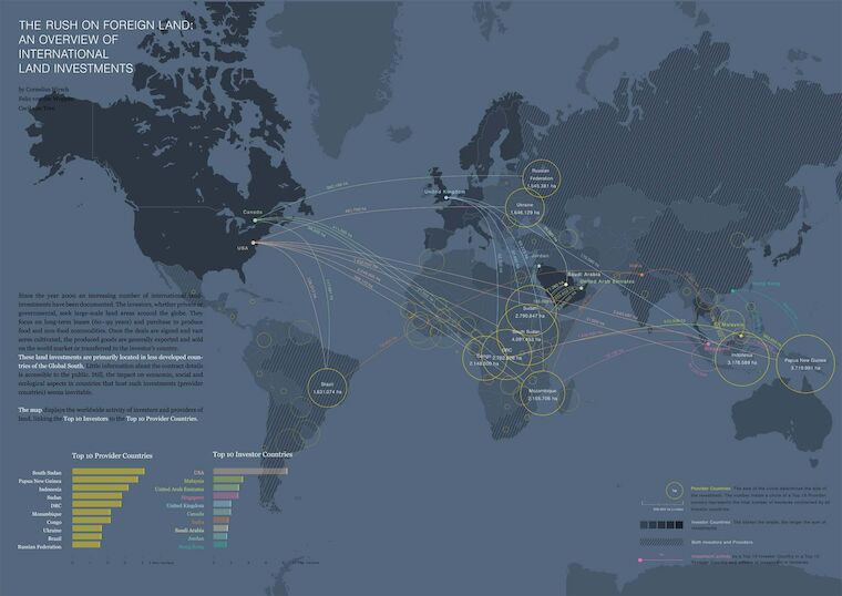 Das Projekt “The Rush On The Foreign Land: An Overview Of International Land Investment” von Cornelius Hirsch, Felix von der Weppen, Cecil von Treu. Quelle: ARCH+, Planetary Urbanism, 2016