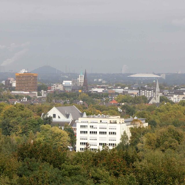 Eingebettet ins Grün: Gelsenkirchen-Ückendorf - gesehen von der Halde Rheinelbe.