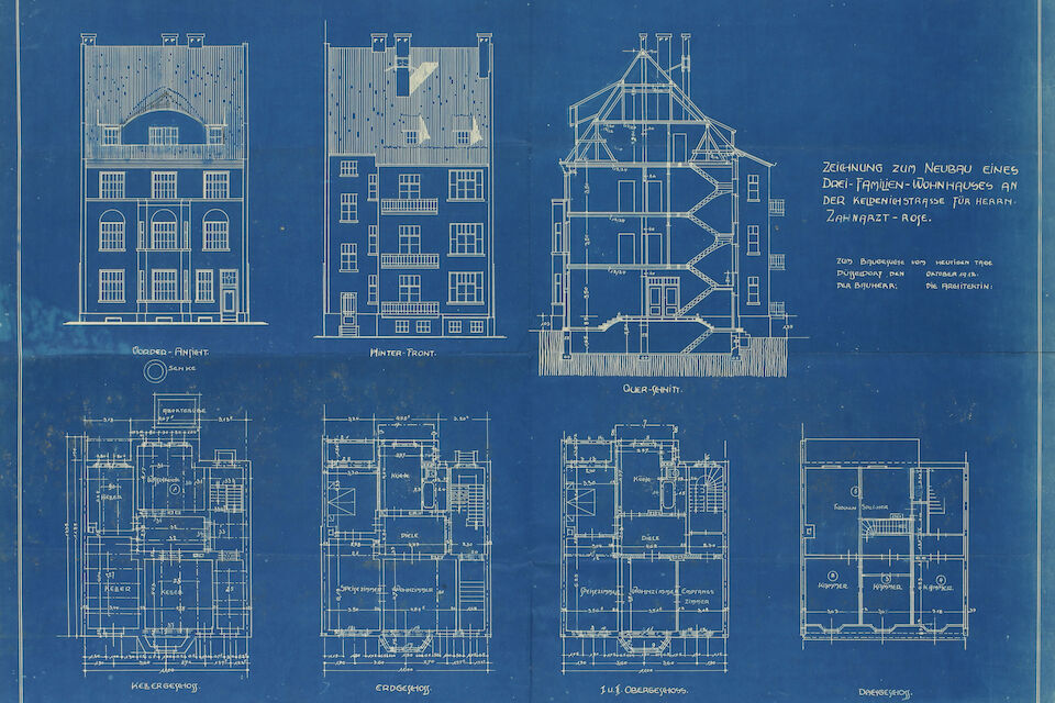 Plan von Therese Mogger für den Neubau eines Dreifamilienhauses an der Keldenichstraße in Düsseldorf für den Zahnarzt Rose im Jahr 1912.