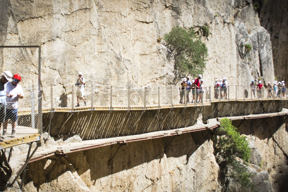 Auf dem Foto ist ein Teil des Caminito del Rey zu sehen, auf dem Menschen auf einer Holzweg eng an einer Felswand laufen.