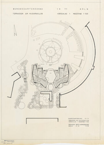 Entwurf von Herta Hammerbacher für die Bundesgartenschau Köln, 1971, Terrassen am Tanzbrunnen, Musikpavillon, Tusche auf Transparentpapier. © Architekturmuseum TU Berlin